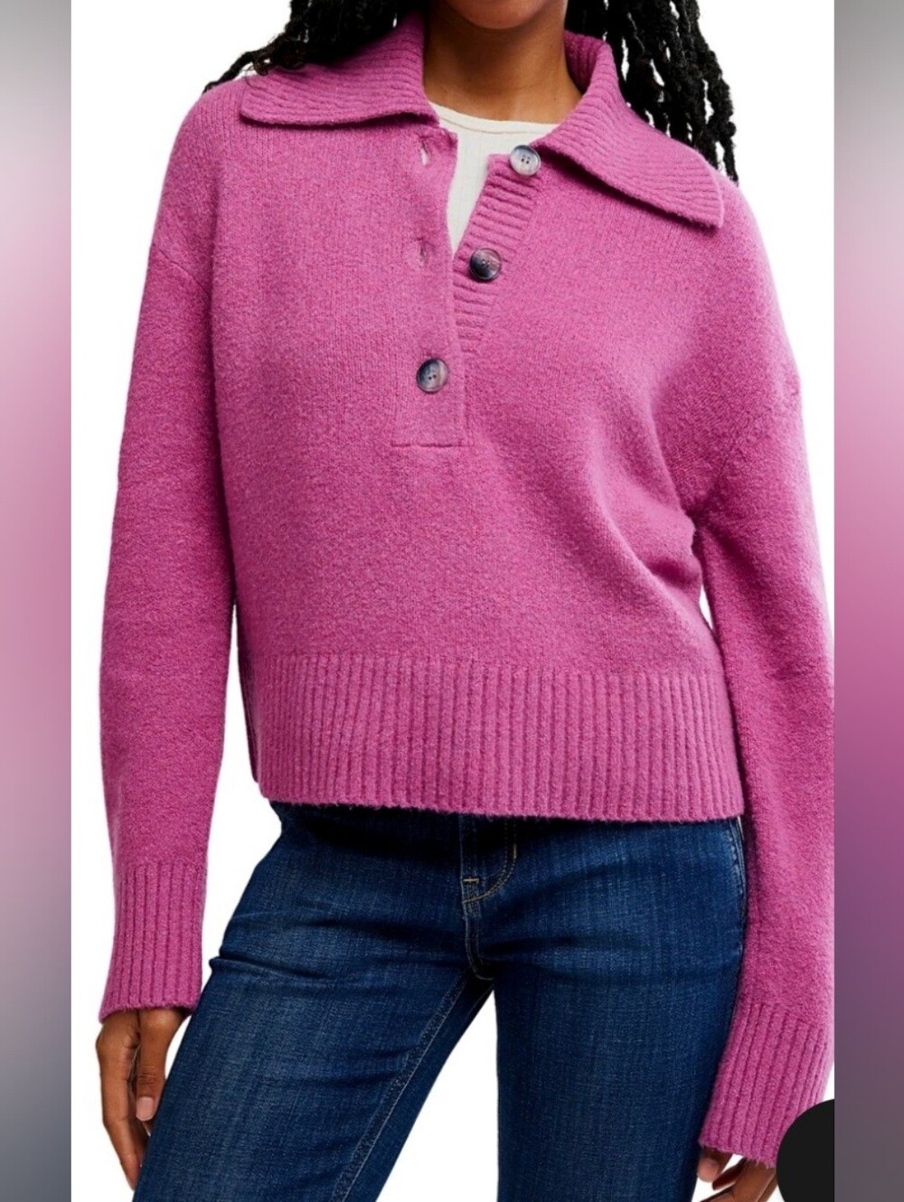 NWT Free People Purple Polo Sweater Knit Trading Up Top Boho Size S Pullover